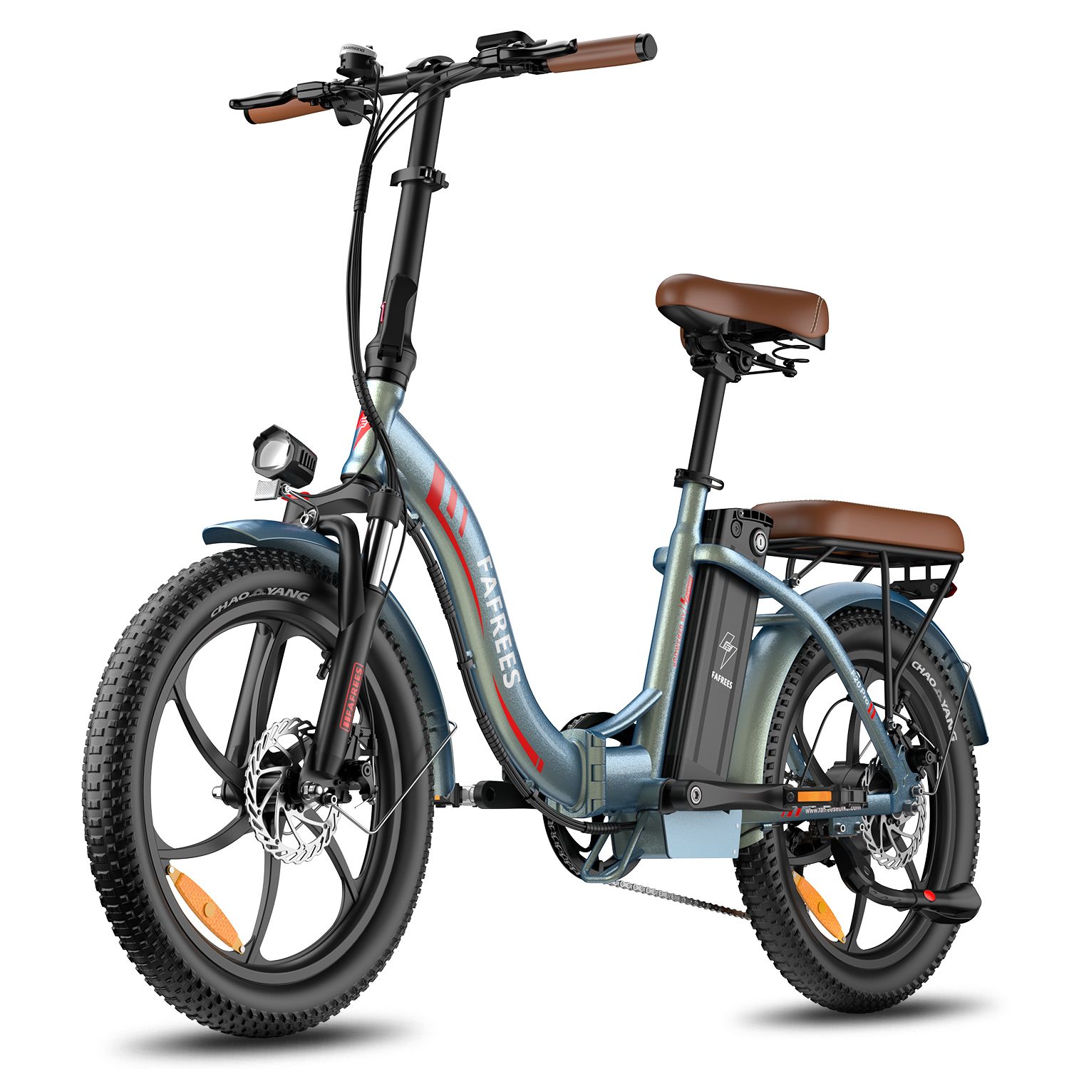 Faltbares E-Bike mit breiten Reifen. Blau-grauer Rahmen, brauner Sattel und Lenkergriffe. Marke FAFREES.