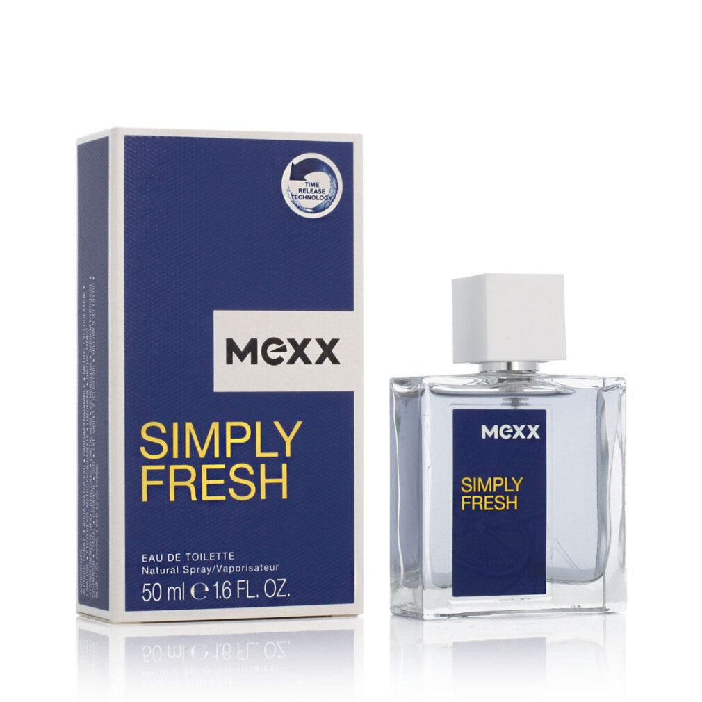 Mexx Simply Fresh Eau de Toilette Spray. Flakon und Verpackung. Blau-weiße Verpackung mit Produktnamen. Transparenter Flakon mit weißem Verschluss.