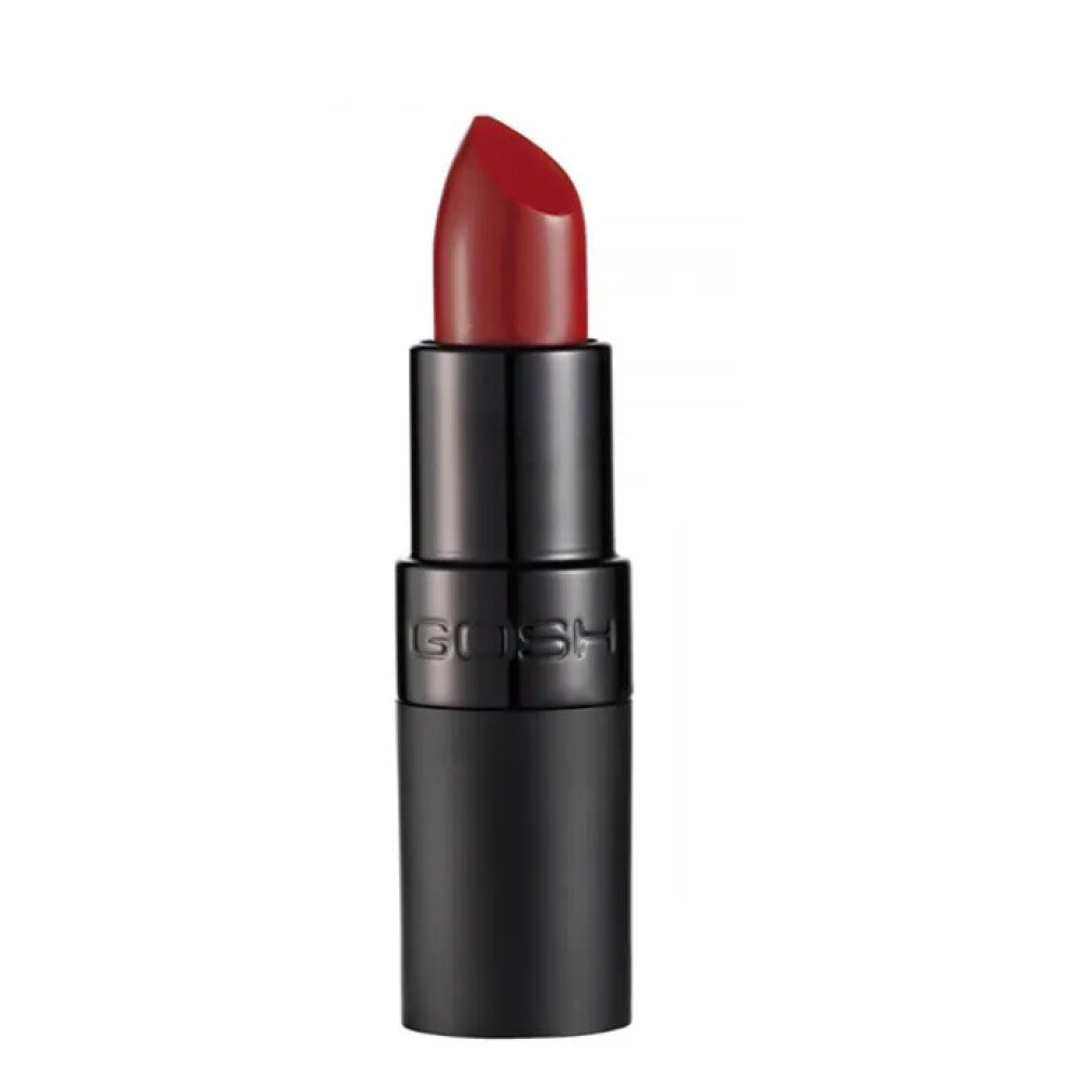 Dunkelroter Lippenstift in schwarzer Hülle. Marke GOSH. Aufschrift GOSH.