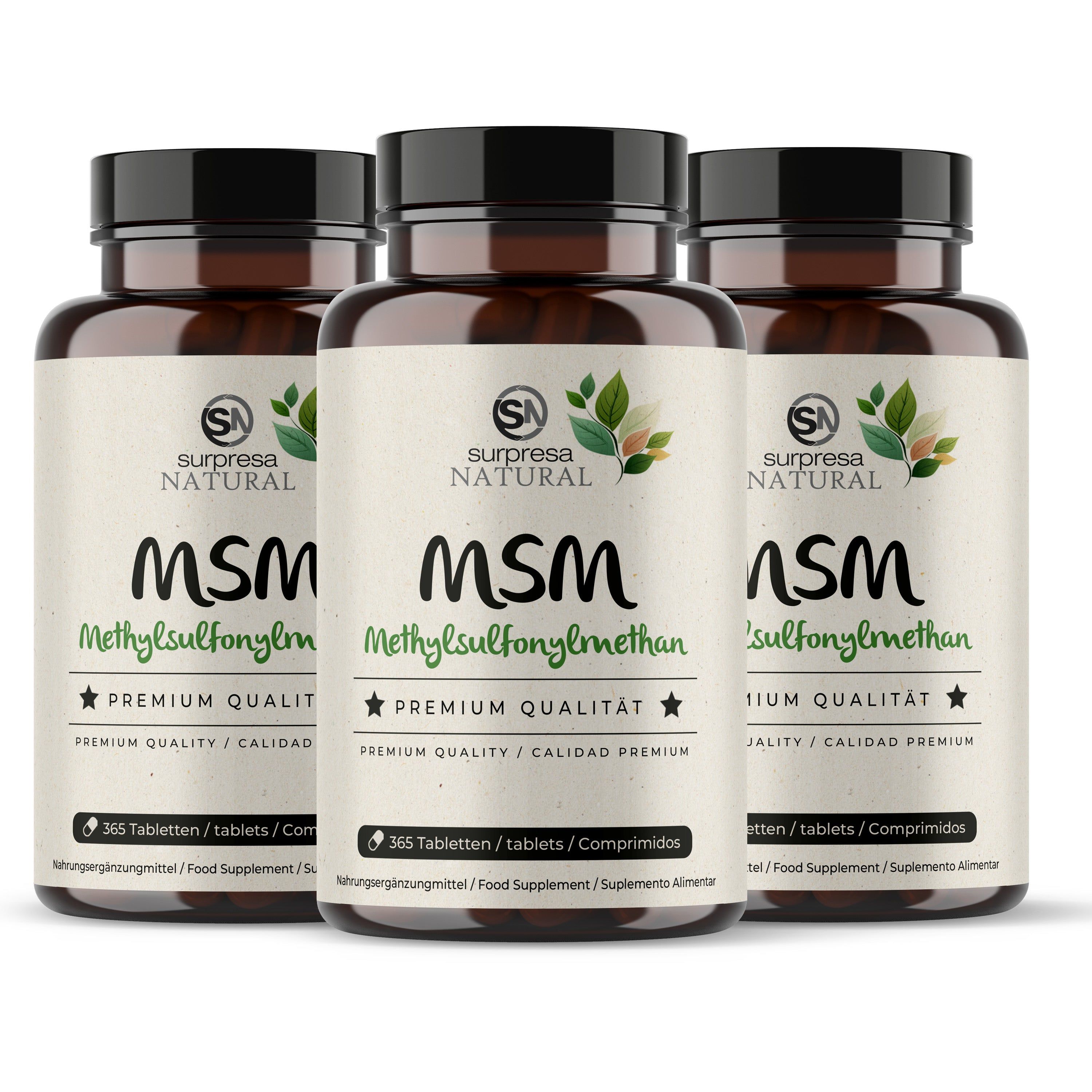 Drei braune Flaschen Surpresa Natural MSM mit jeweils 365 Tabletten.