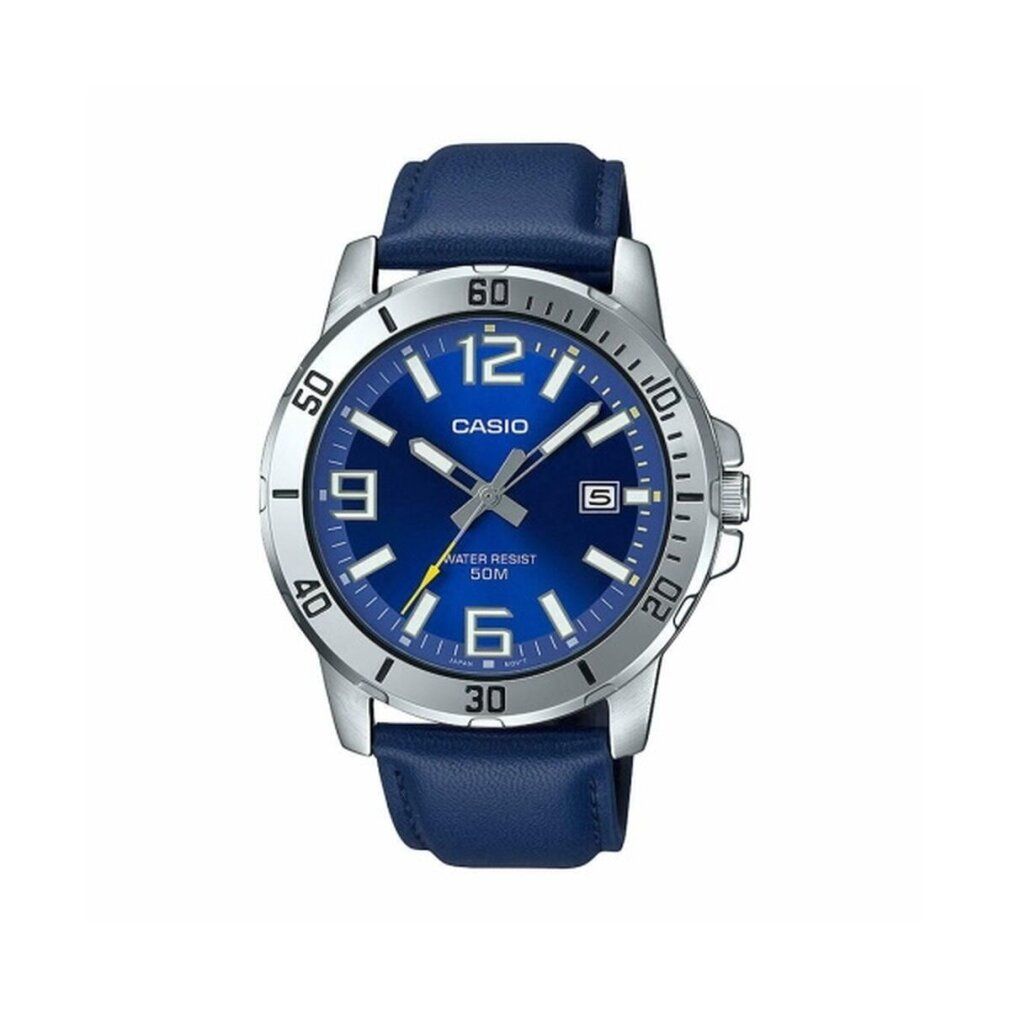 Herrenuhr mit blauem Zifferblatt und Lederarmband. Silberfarbenes Gehäuse, Datumsanzeige. Wasserdicht 50M.