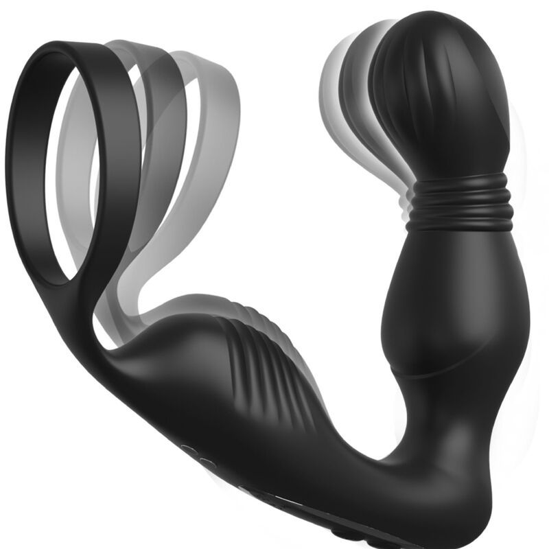 Schwarzes Massagegerät mit Penisring. Geformt mit Ring, geriffelter Basis und abgerundetem Ende. Gezeigt in Bewegung.