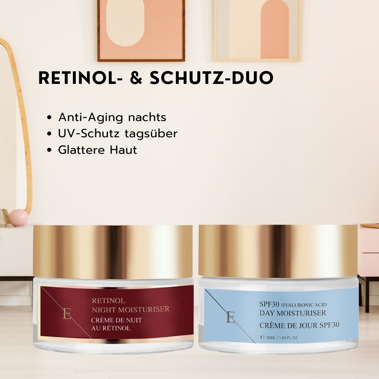 Zwei Cremetiegel, Nachtcreme mit Retinol und Tagescreme mit LSF 30. Text: Retinol- & Schutz-Duo. Anti-Aging nachts, UV-Schutz tagsüber.