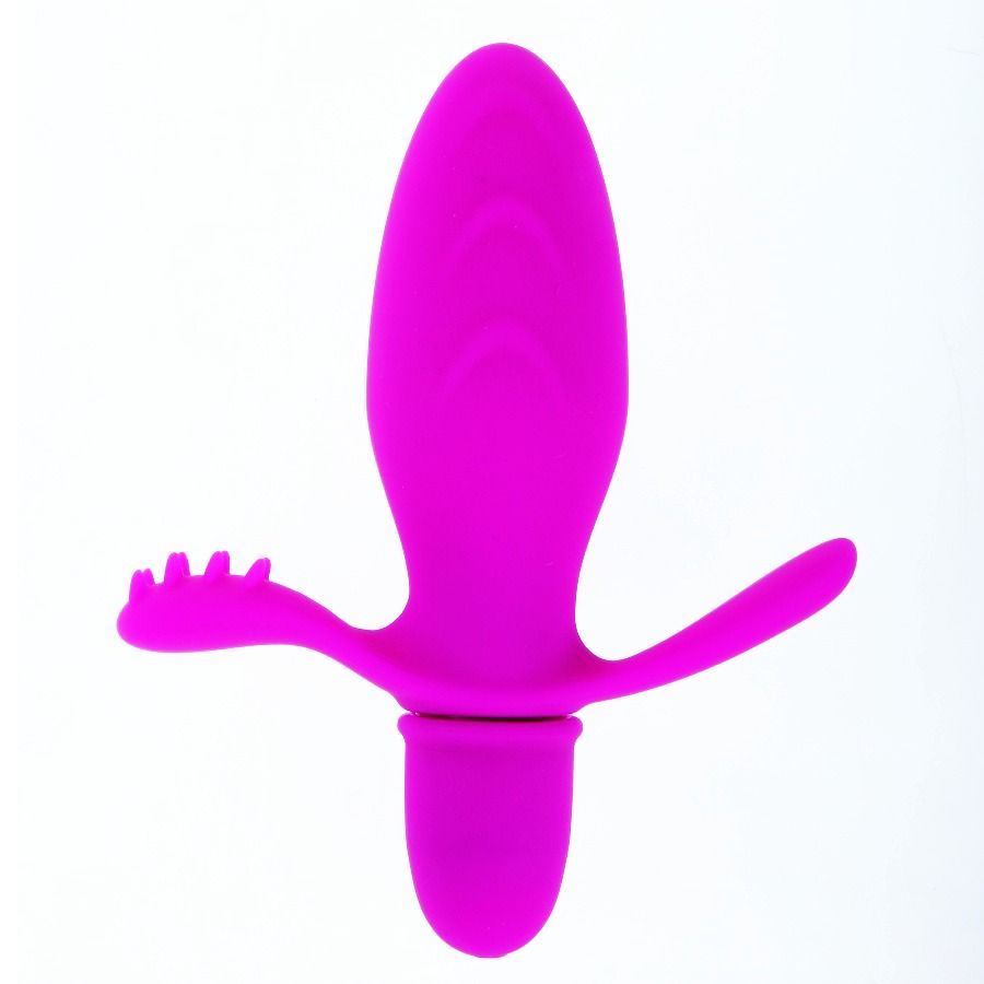Lila Vibrator mit Flügeln und Noppen. Aus Silikon. Oben abgerundet, unten zylindrisch.