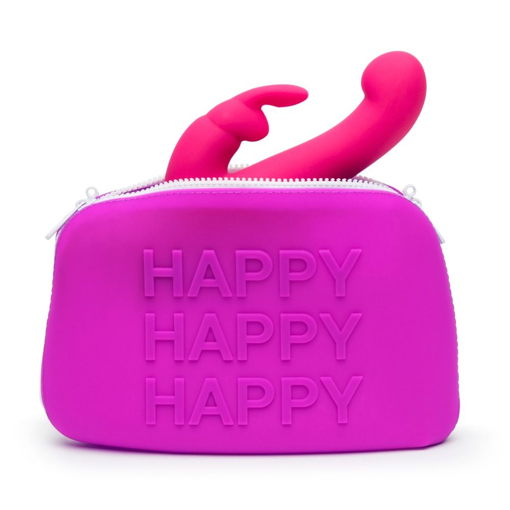 Pinkfarbene Silikon-Aufbewahrungstasche mit Reißverschluss. Aufschrift HAPPY. Enthält ein pinkfarbenes Wellness-Produkt.