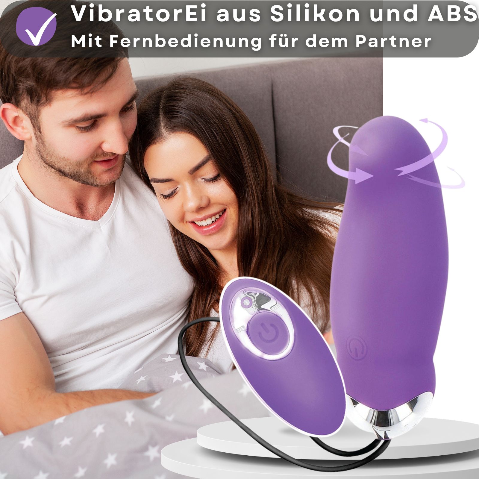 Lila Vibrator mit Fernbedienung. Aus Silikon und ABS. Produktansicht mit Paar im Hintergrund.