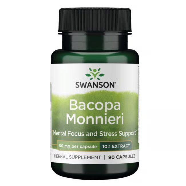 Grüne Flasche mit schwarzem Deckel. Aufschrift: SWANSON, Bacopa Monnieri, 50 mg pro Kapsel, 90 Kapseln.