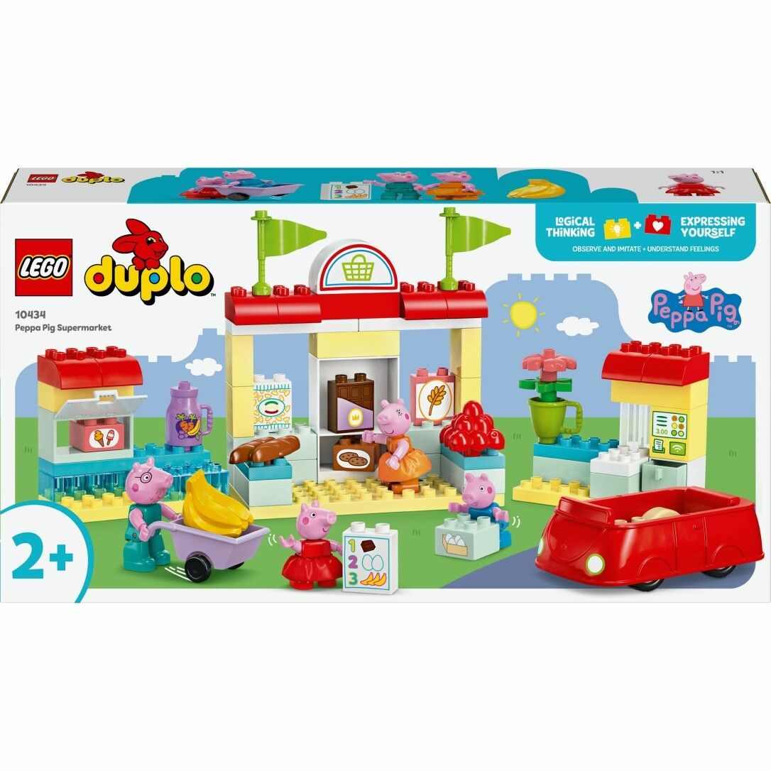 LEGO Duplo Peppa Pig Supermarkt. Bausatz mit Figuren, rotem Auto, Marktstand und Zubehör. Verpackung mit Logo und Altersempfehlung.