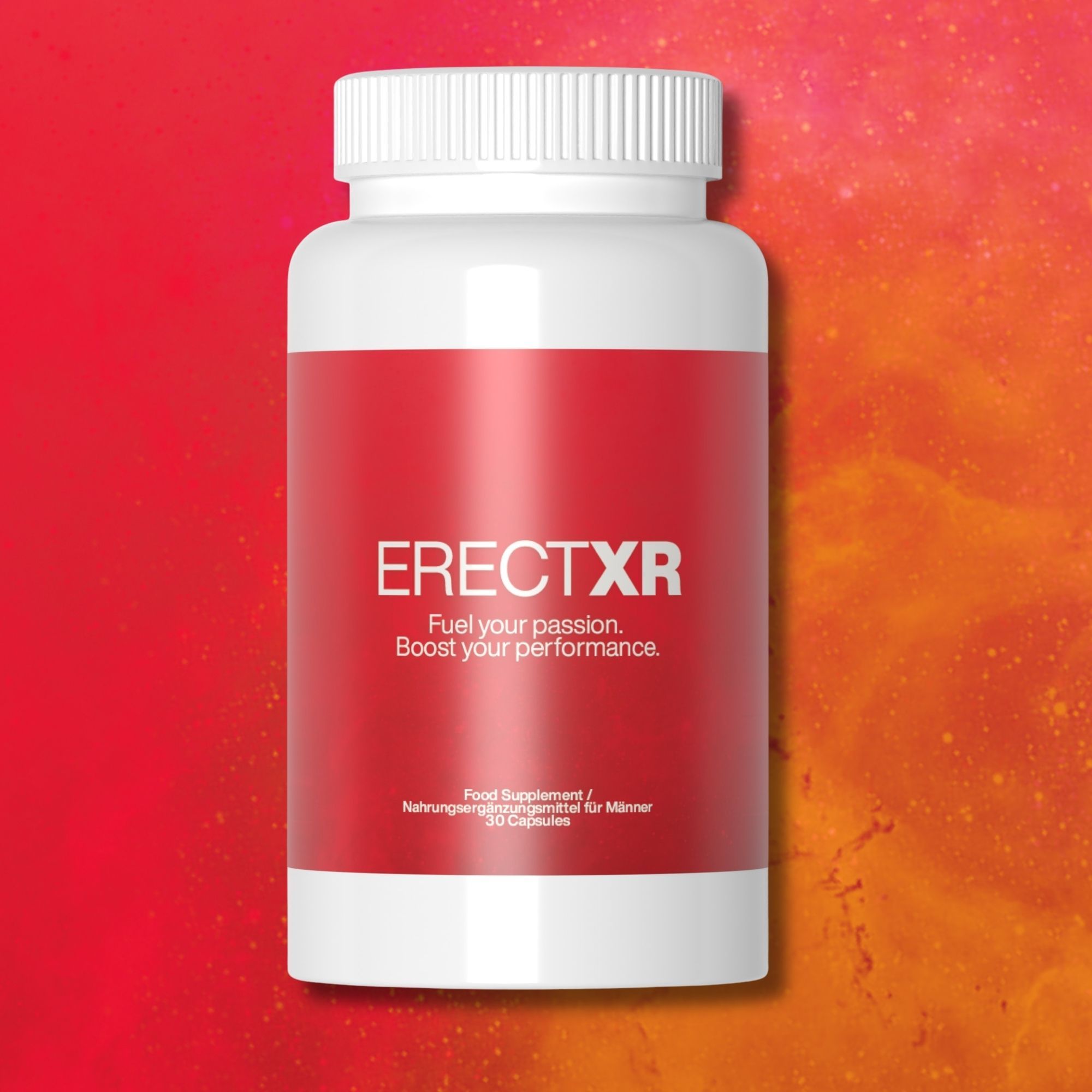 Weiße Flasche mit rotem Etikett. Aufschrift: ERECTXR, Fuel your passion. Boost your performance. Nahrungsergänzungsmittel für Männer.