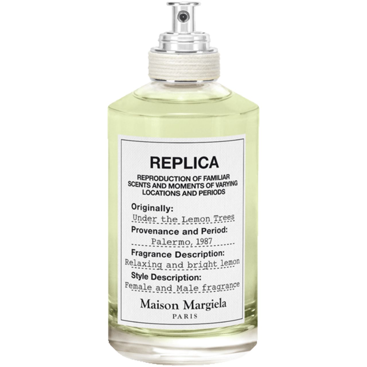 Parfümflakon mit weißem Etikett. Aufschrift: Replica Under the Lemon Trees. Maison Margiela Paris.