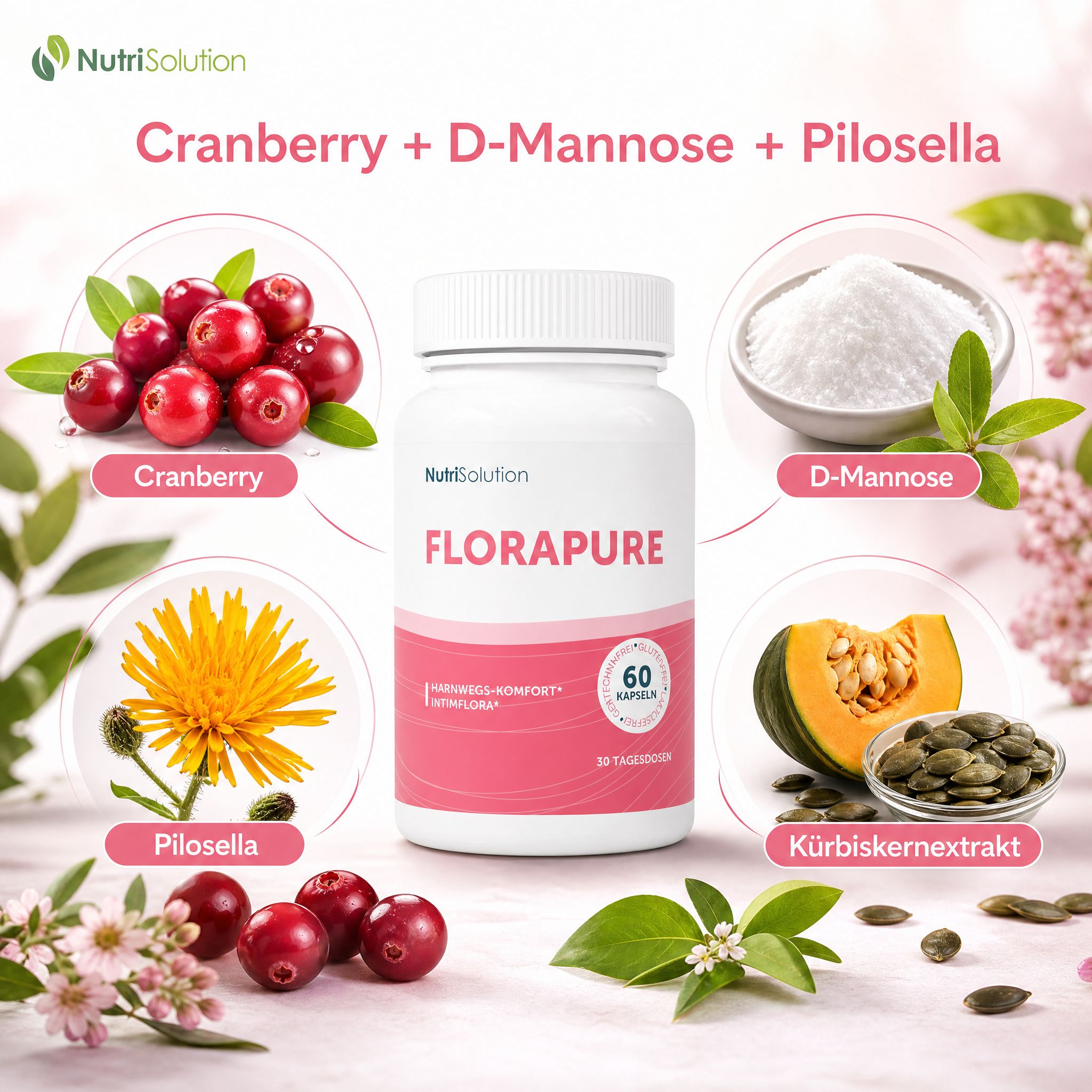 NutriSolution FloraPure Dose umgeben von Cranberry, D-Mannose, Kürbiskernextrakt und Pilosella.