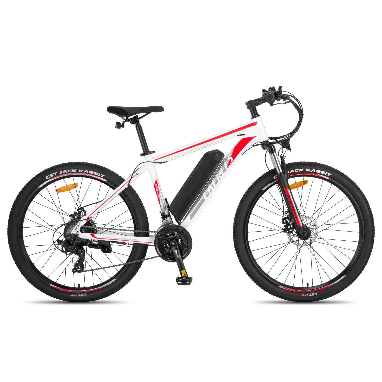 Weißes E-Mountainbike mit roten Akzenten. Schwarze Reifen, Gabel und Lenker. Akku am Rahmen.