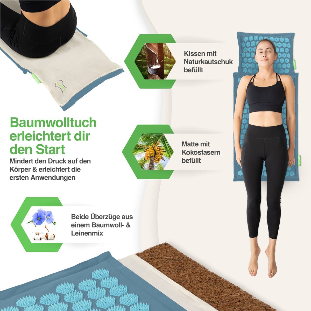 Akupressurmatte und Kissen. Kissen mit Naturkautschuk gefüllt. Matte mit Kokosfasern gefüllt. Beide Bezüge aus Baumwoll- & Leinenmix.