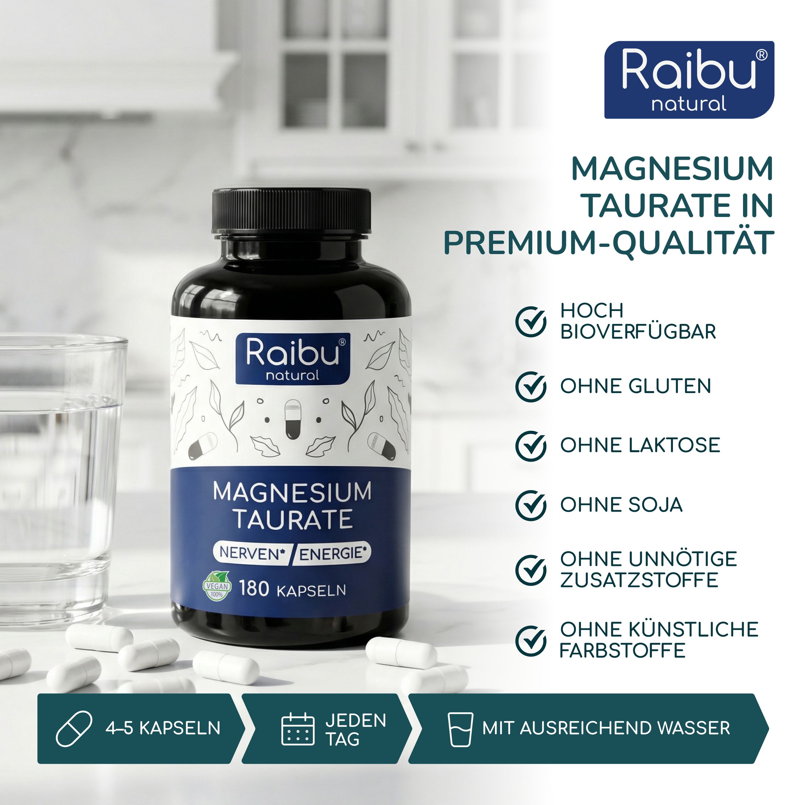 RAIBU Magnesium Taurat 2750 mg pro Tag - Für Muskeln & Nerven