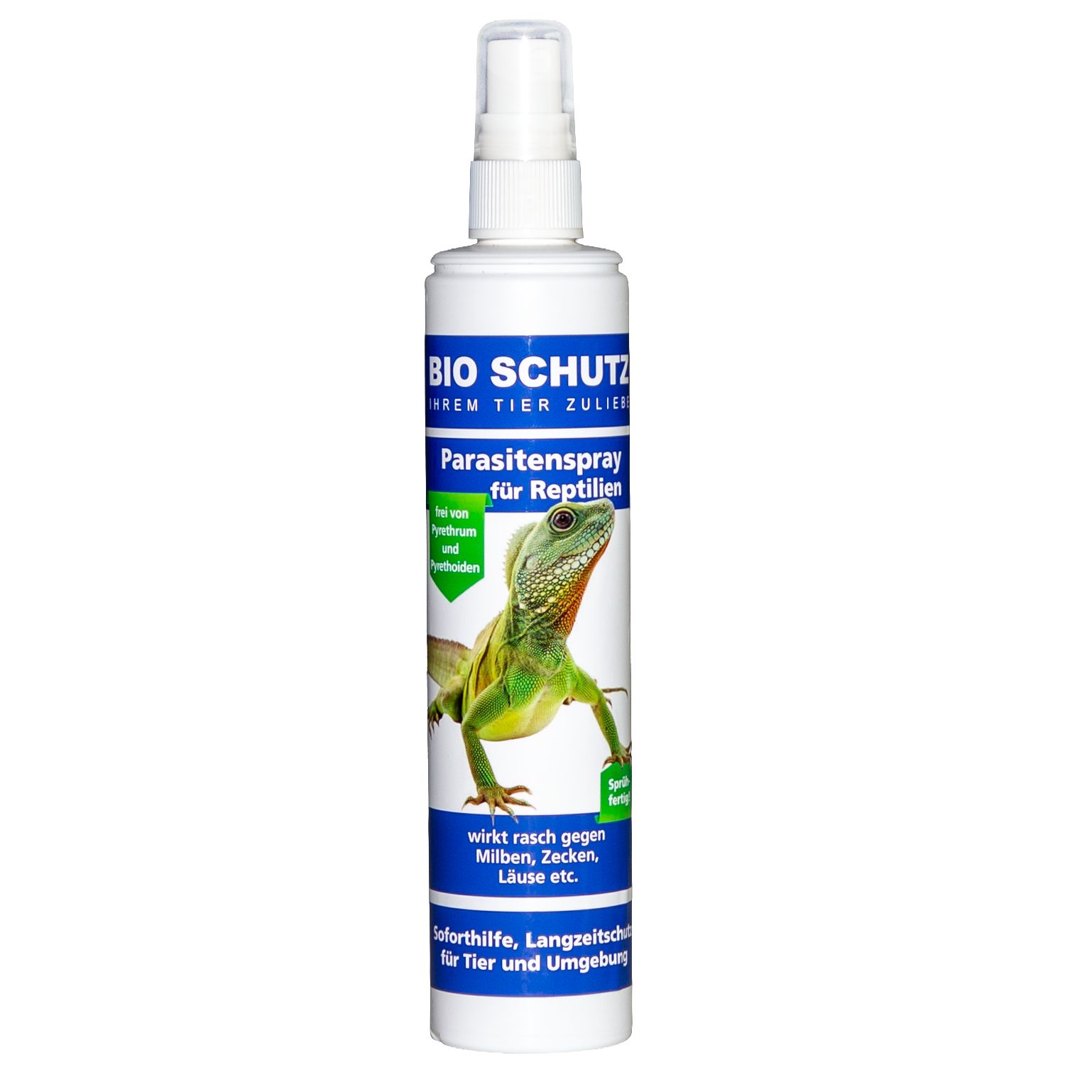 Weiße Sprühflasche mit blauem Etikett. Text: Bio Schutz Parasitenspray für Reptilien. Abbildung einer grünen Echse.
