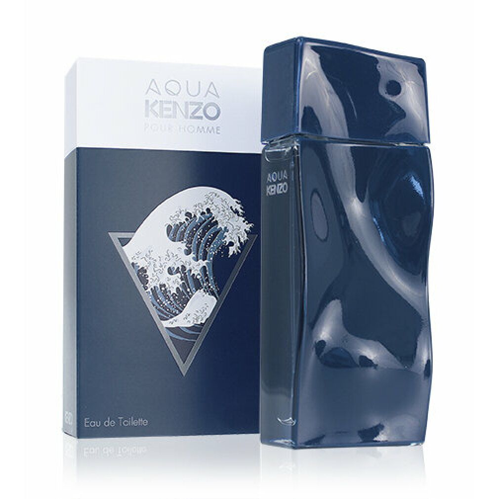 Blauer Flakon und Verpackung. Aufschrift: AQUA KENZO POUR HOMME.