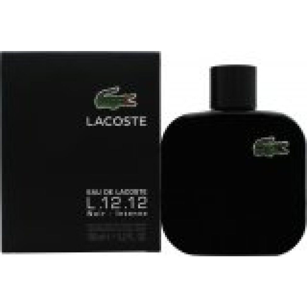 Schwarzer Flakon und Schachtel. Grünes Krokodil-Logo. Auf der Schachtel steht: Lacoste, L.12.12 Noir Intense.