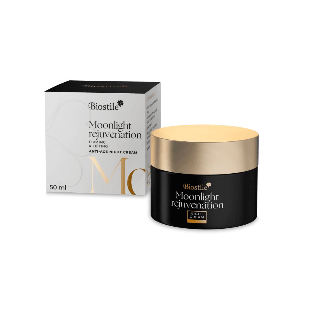 Creme-Tiegel und Schachtel. Aufschrift: Biostile Moonlight Rejuvanation, Anti-Age Nachtcreme. 50 ml.