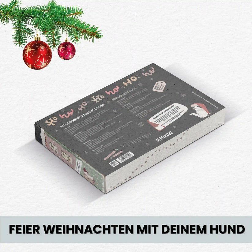 Adventskalender-Rückseite. Text: 24 Türchen, Weihnachtsüberraschungen mit alphazoo. Feier Weihnachten mit deinem Hund. Illustrationen und Produktinformationen.