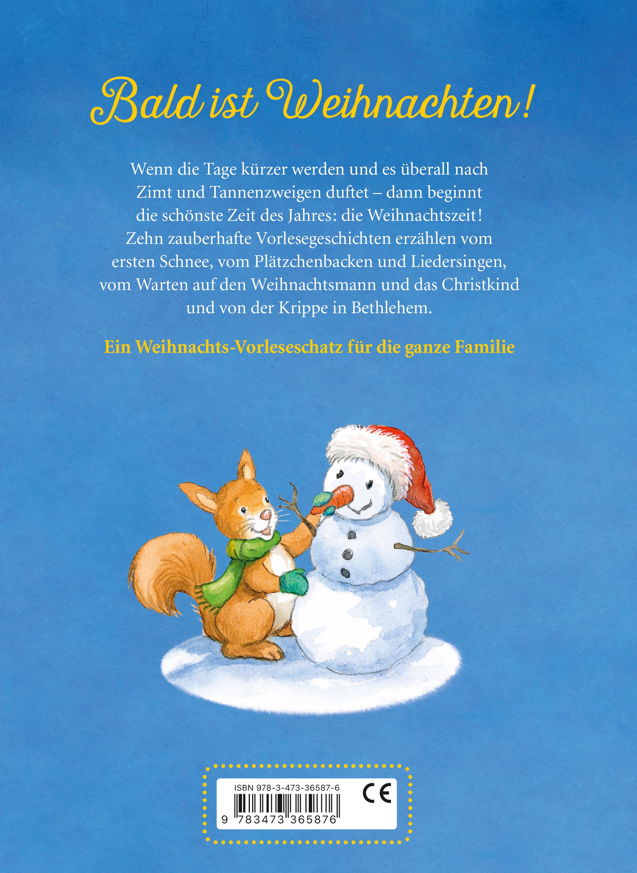 Buchrückseite mit Eichhörnchen und Schneemann. Titel: Bald ist Weihnachten! Text und CE-Zeichen. ISBN-Code.