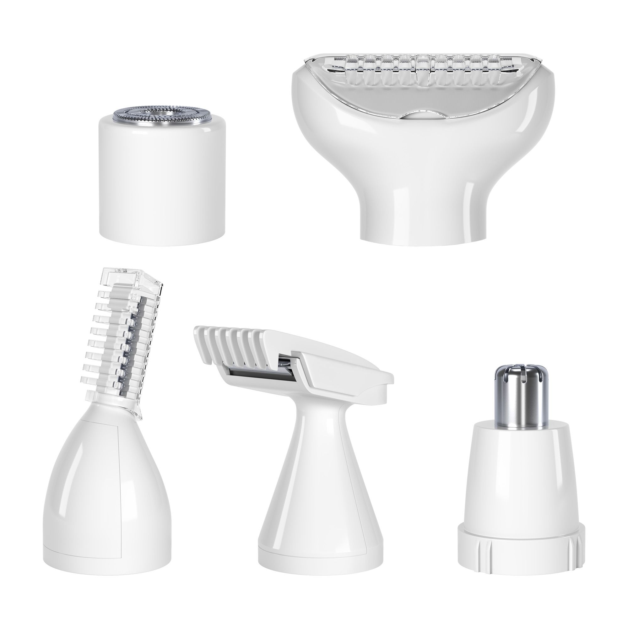 Fünf weiße Scherköpfe für Körperpflege. Verschiedene Aufsätze für unterschiedliche Bereiche: Gesicht, Nase, Augenbrauen, Bikini-Zone.