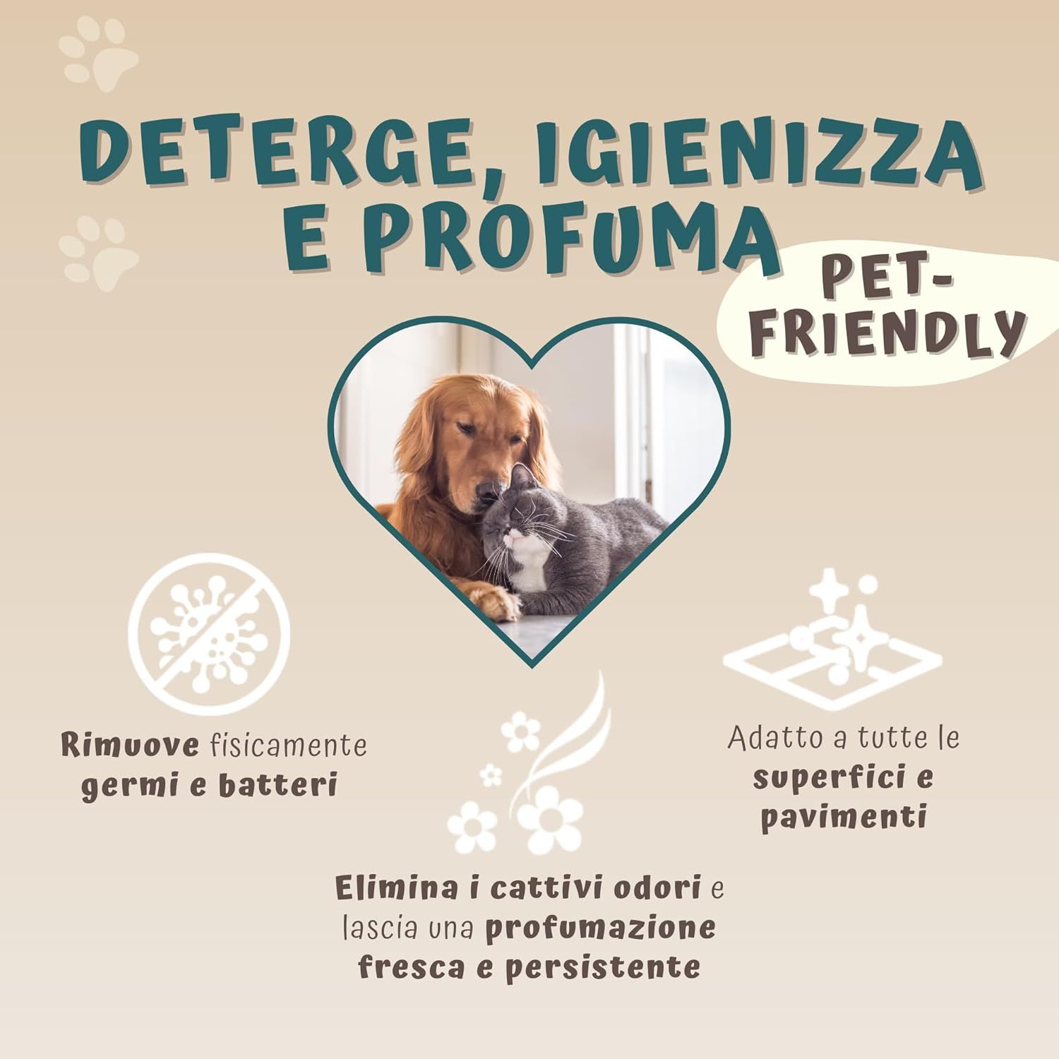 Werbebild mit Herz-Illustration. Text: Deterge, igienizza e profuma. Pet-Friendly. Entfernt Keime und Bakterien. Geeignet für Oberflächen.