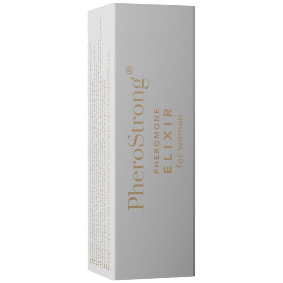 Verpackung für PheroStrong Elixir für Frauen, Pheromon-Parfum. Weiße Box mit goldener Schrift.