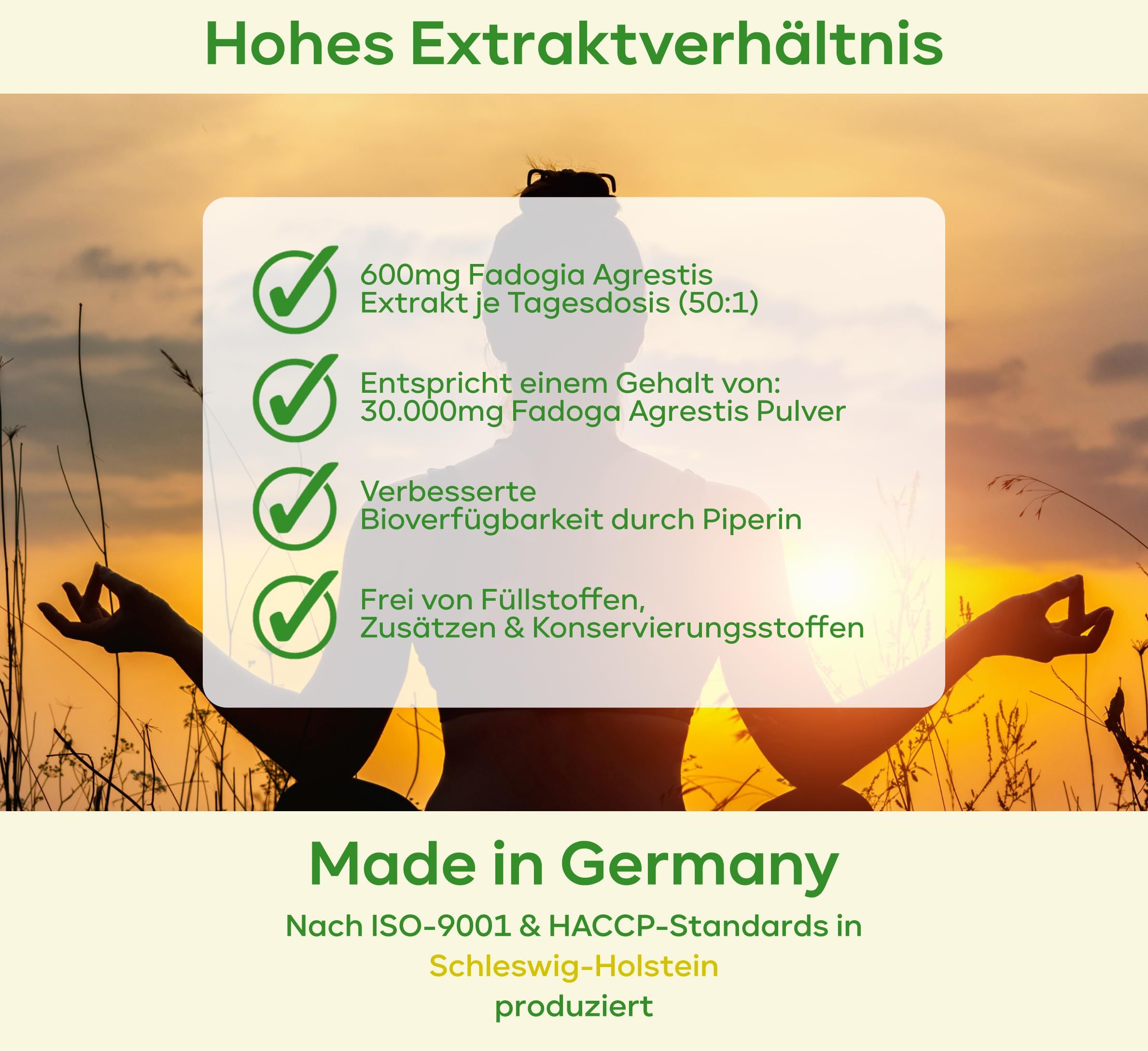Text mit grünen Häkchen: 600mg Fadogia Agrestis, 30.000mg Pulver, verbesserte Bioverfügbarkeit, frei von Füllstoffen. Made in Germany.