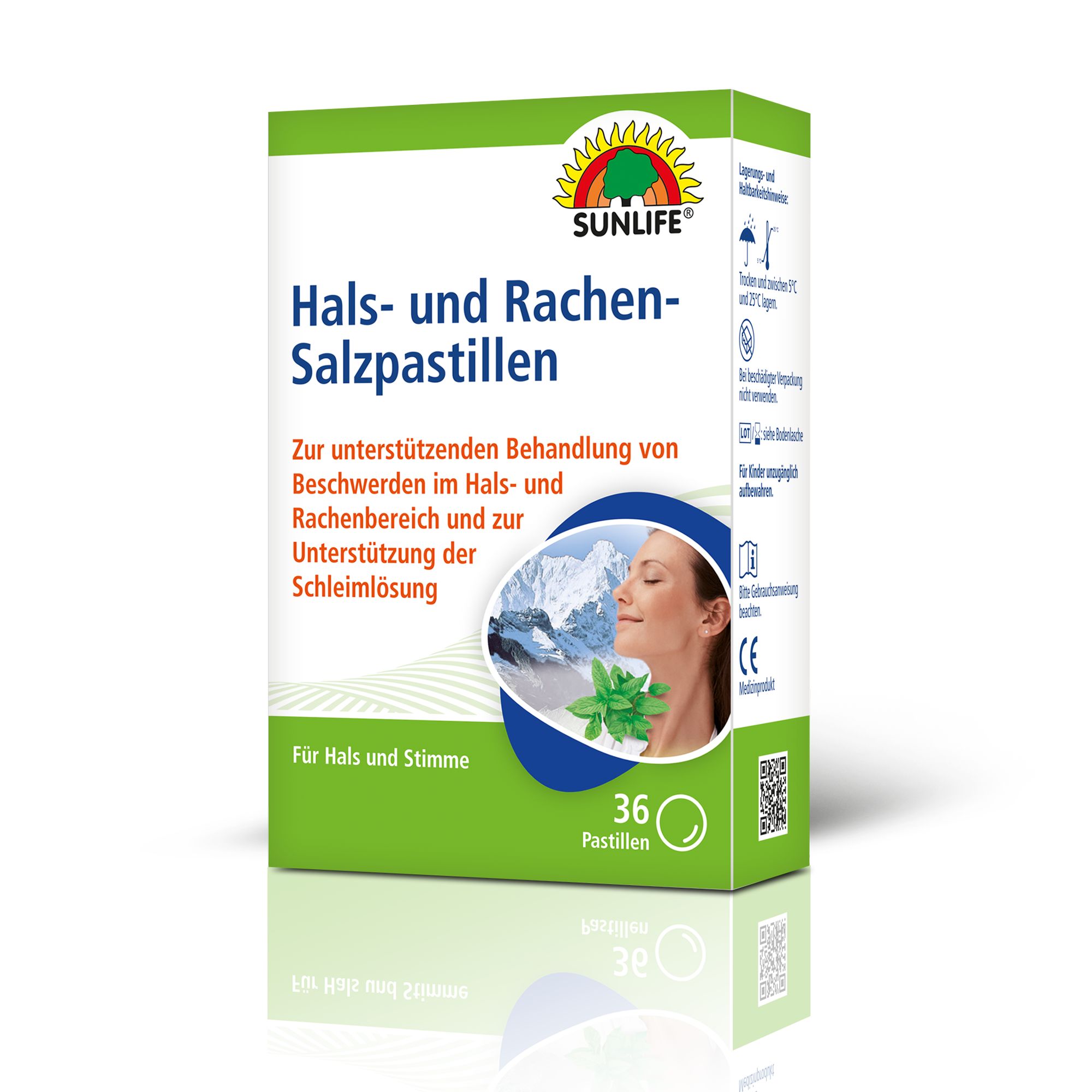 Verpackung von Sunlife Hals- und Rachen-Salzpastillen. 36 Pastillen. Grün-weißes Design mit Logo und Produktinformationen.