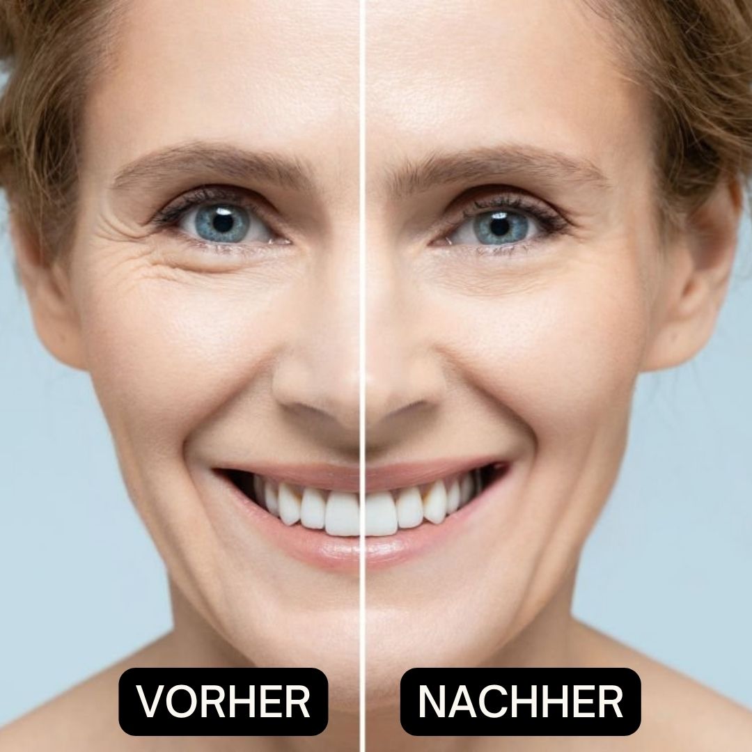 Vorher-Nachher-Vergleich. Frau mit Falten, dann glatte Haut. Blaue Hintergrund.