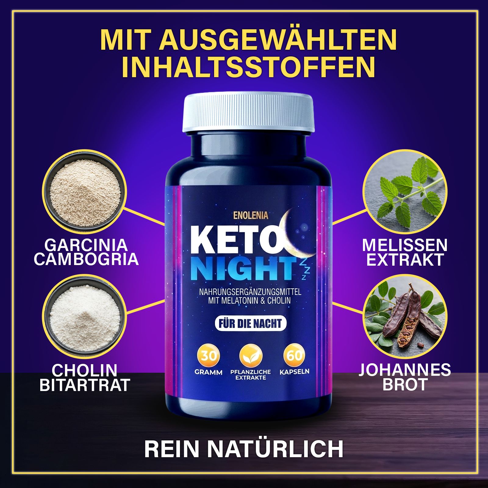 Enolenia Keto Night Dose umgeben von Darstellungen der Inhaltsstoffe Garcinia Cambogia und Cholin.