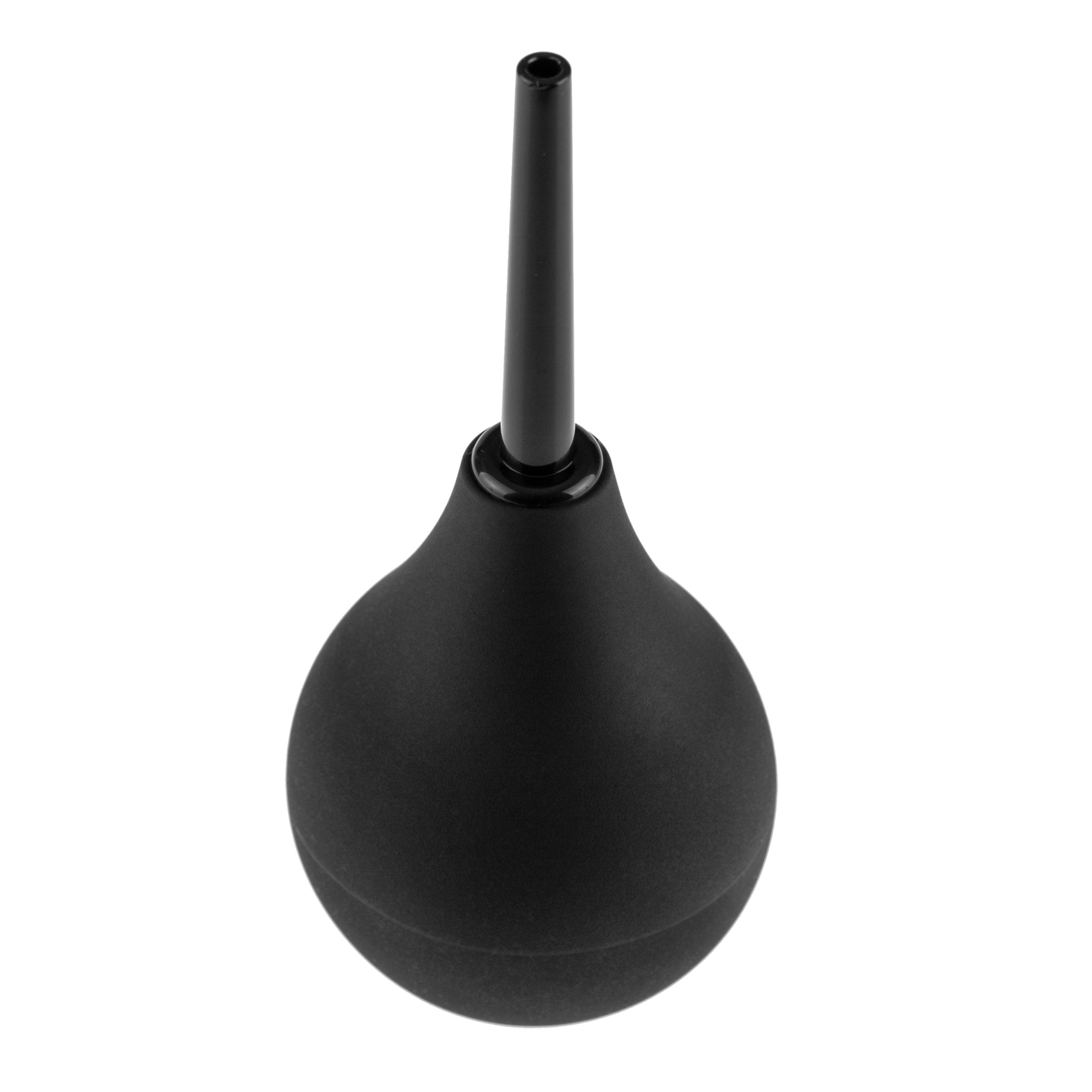 Schwarzer Irrigator mit konischem Aufsatz. Kugelform mit glatter Oberfläche. Der Aufsatz ist zylindrisch.