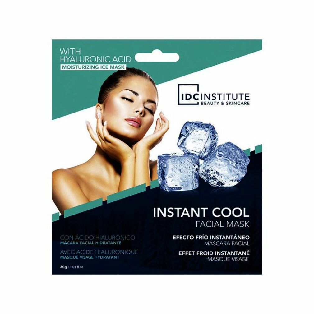 Gesichtsmaske mit Hyaluronsäure. Verpackung mit Frau, Eiswürfeln und Produktnamen. Marke: IDC Institute.