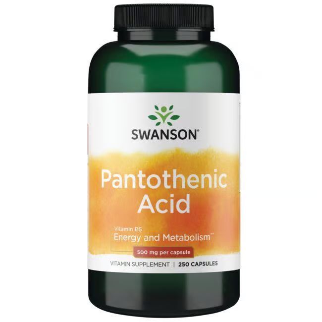 Grüne Flasche mit weißem Etikett. Aufschrift: SWANSON, Pantothensäure, 500 mg pro Kapsel. Vitamin B5.