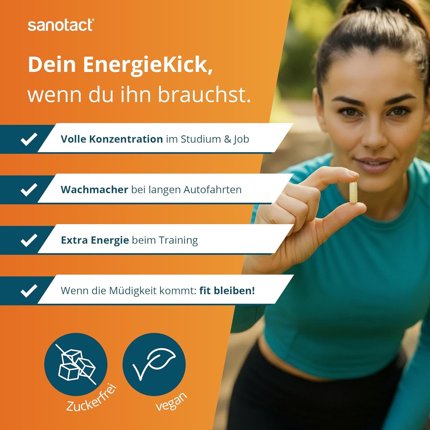 Frau hält Kapsel. Text: Volle Konzentration, Wachmacher, Extra Energie, fit bleiben. Zuckerfrei, vegan.