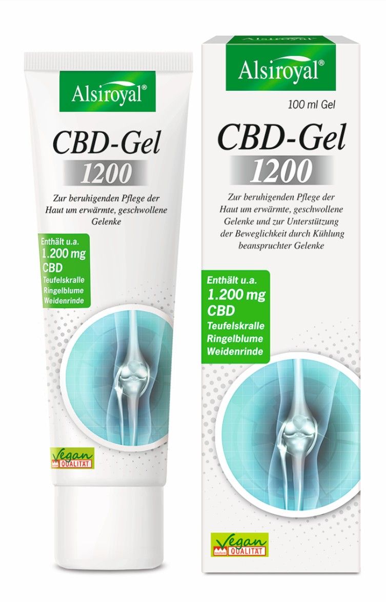 Weißes Gel mit grünen Akzenten. Aufschrift: Alsiroyal CBD-Gel 1200. Enthält 1.200 mg CBD. Vegan-Qualität. Abbildung eines Kniegelenks.