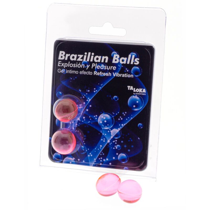 Verpackung mit zwei rosa Kugeln. Aufschrift: Brazilian Balls, Explosion y Pleasure, Gel intimo efecto Refresh Vibration. Marke: Taloka.