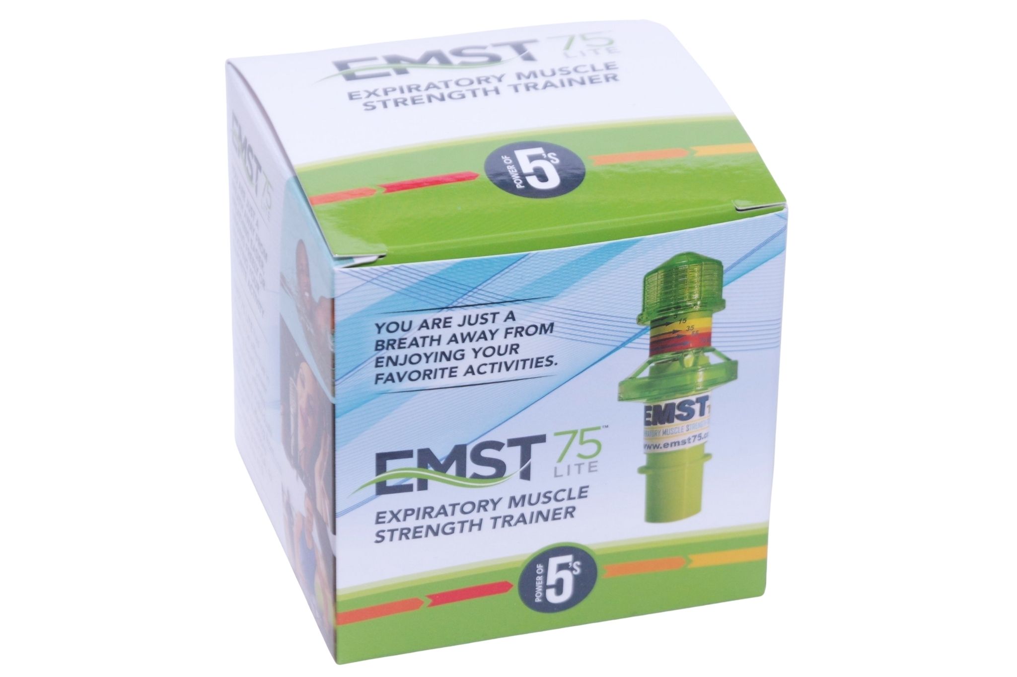 Verpackung des Aspire EMST75 Lite Atemtrainers mit Produktabbildung und Text.