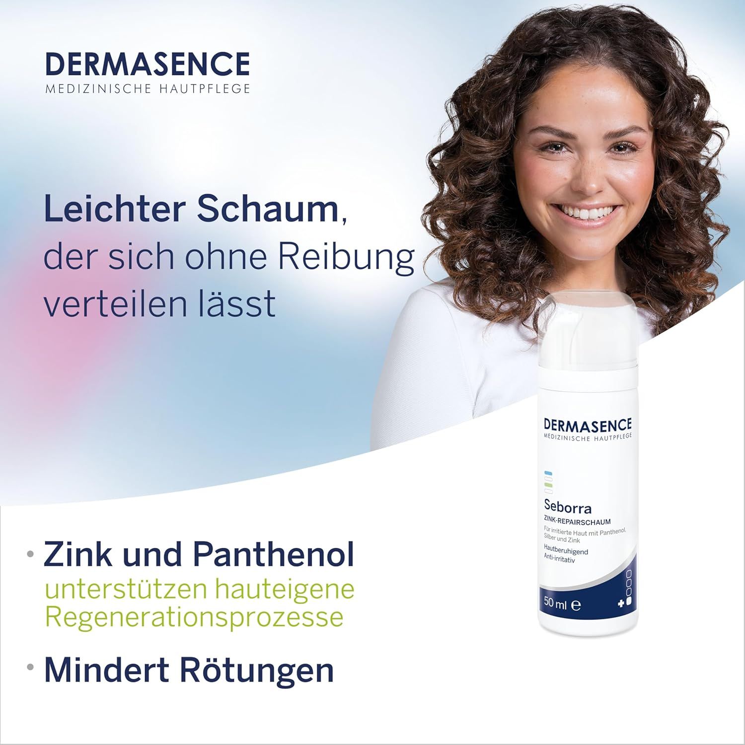 Frau lächelt. Schaumflasche mit Produktbezeichnung. Text: Zink und Panthenol unterstützen hauteigene Regenerationsprozesse.