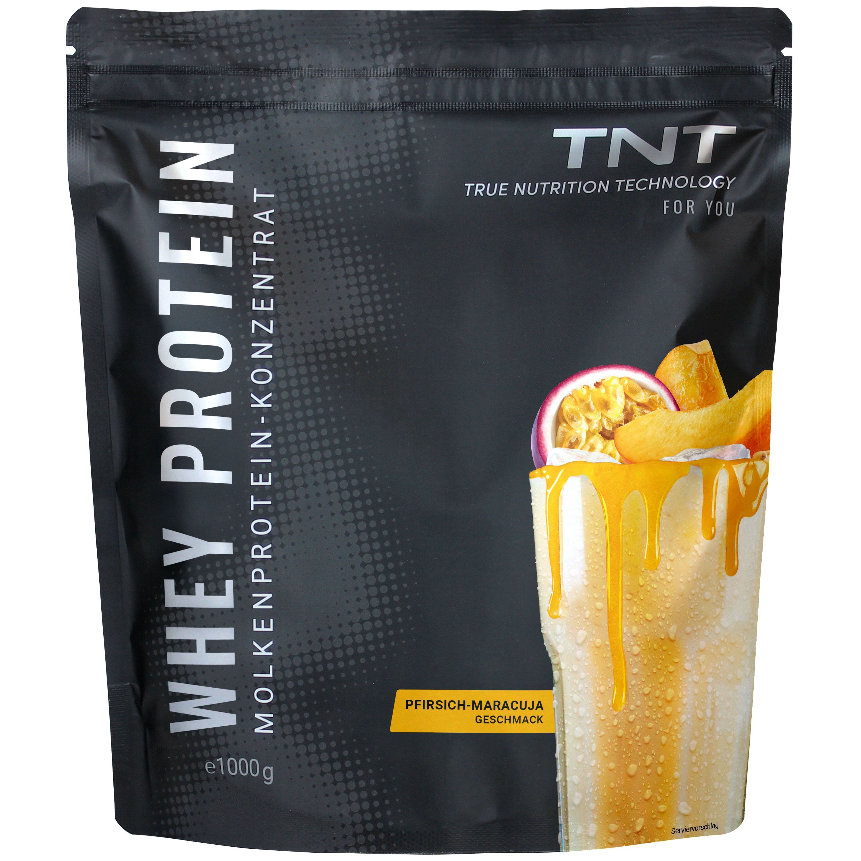 Schwarze Tüte mit TNT Whey Protein Konzentrat. Aufdruck: Whey Protein, Molkenprotein-Konzentrat, Pfirsich-Maracuja Geschmack. Abbildung eines Shakes.
