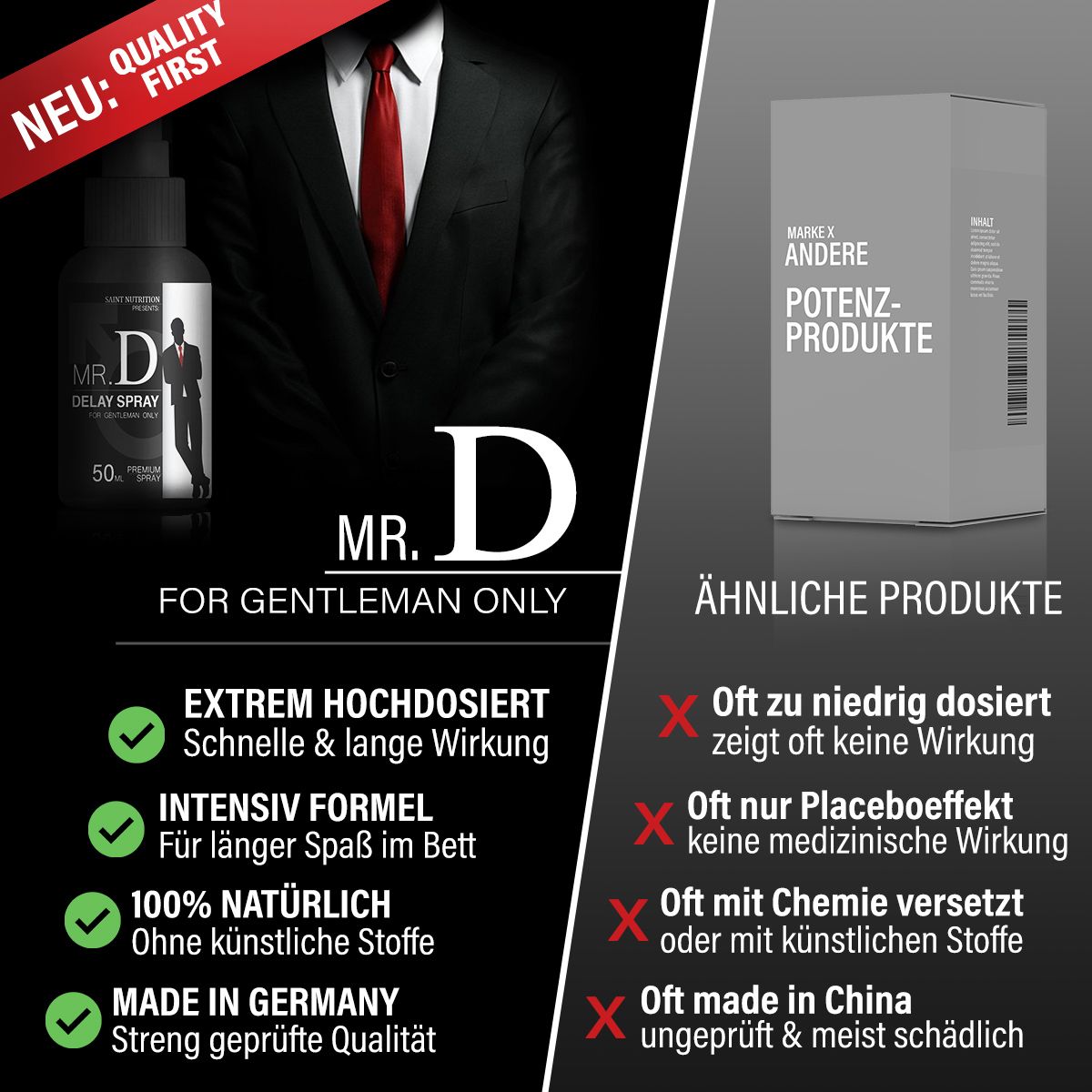 Sprayflasche neben Vergleichsprodukten. Text: Extrem hochdosiert, schnelle Wirkung, intensiv, 100% natürlich, Made in Germany.