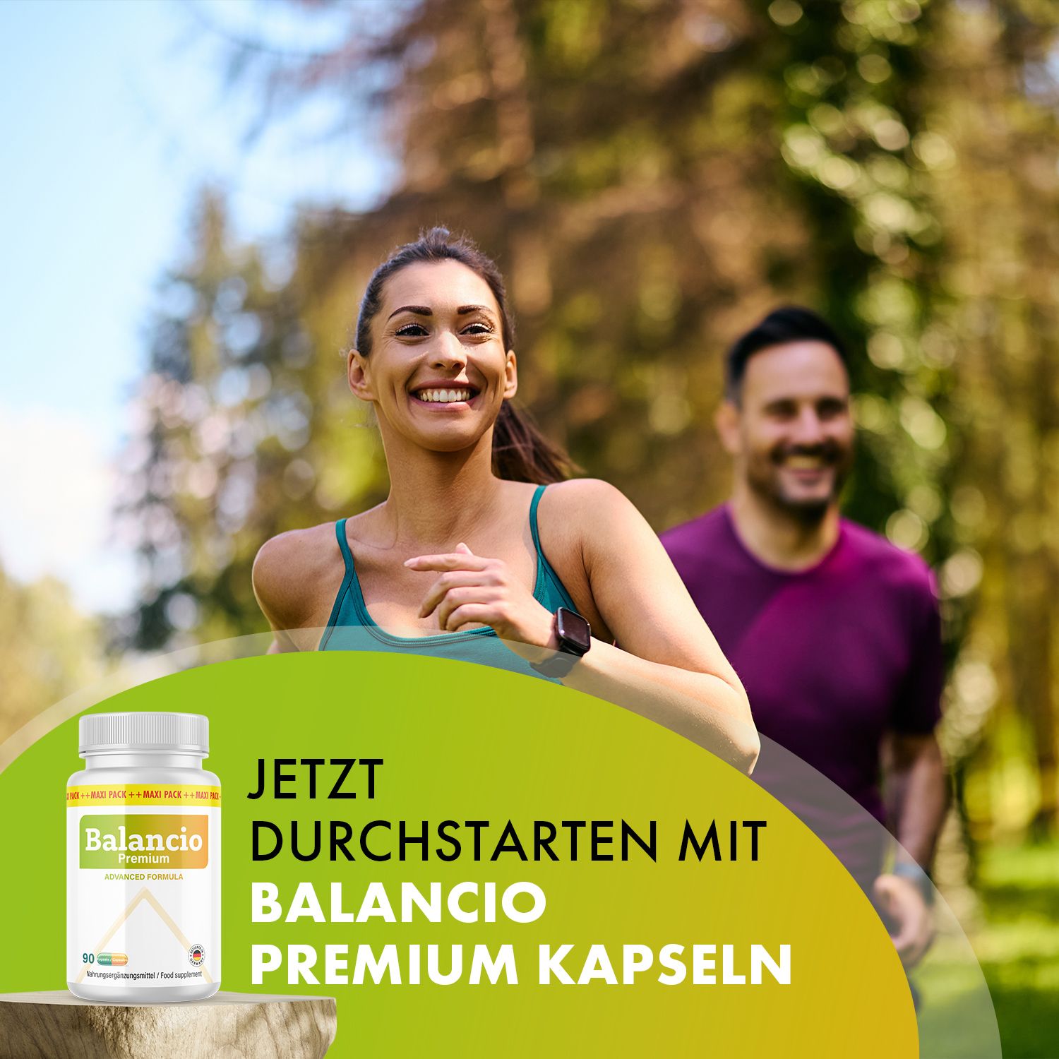 Frau und Mann joggen. Flasche Balancio Premium Kapseln. Text: Jetzt durchstarten mit Balancio Premium Kapseln.