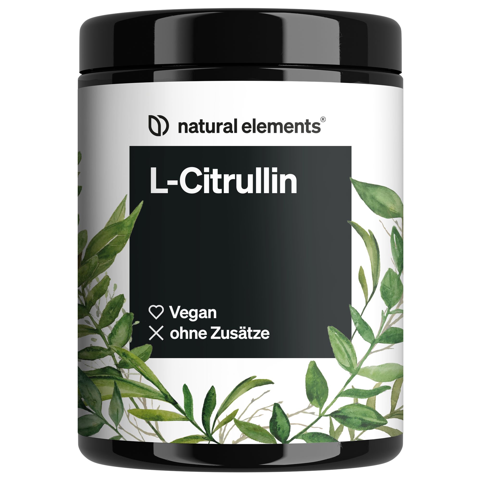 Dose natural elements L-Citrullin. Schwarzer Deckel, weißes Etikett mit Produktnamen und grünen Blättern. Vegan, ohne Zusätze.