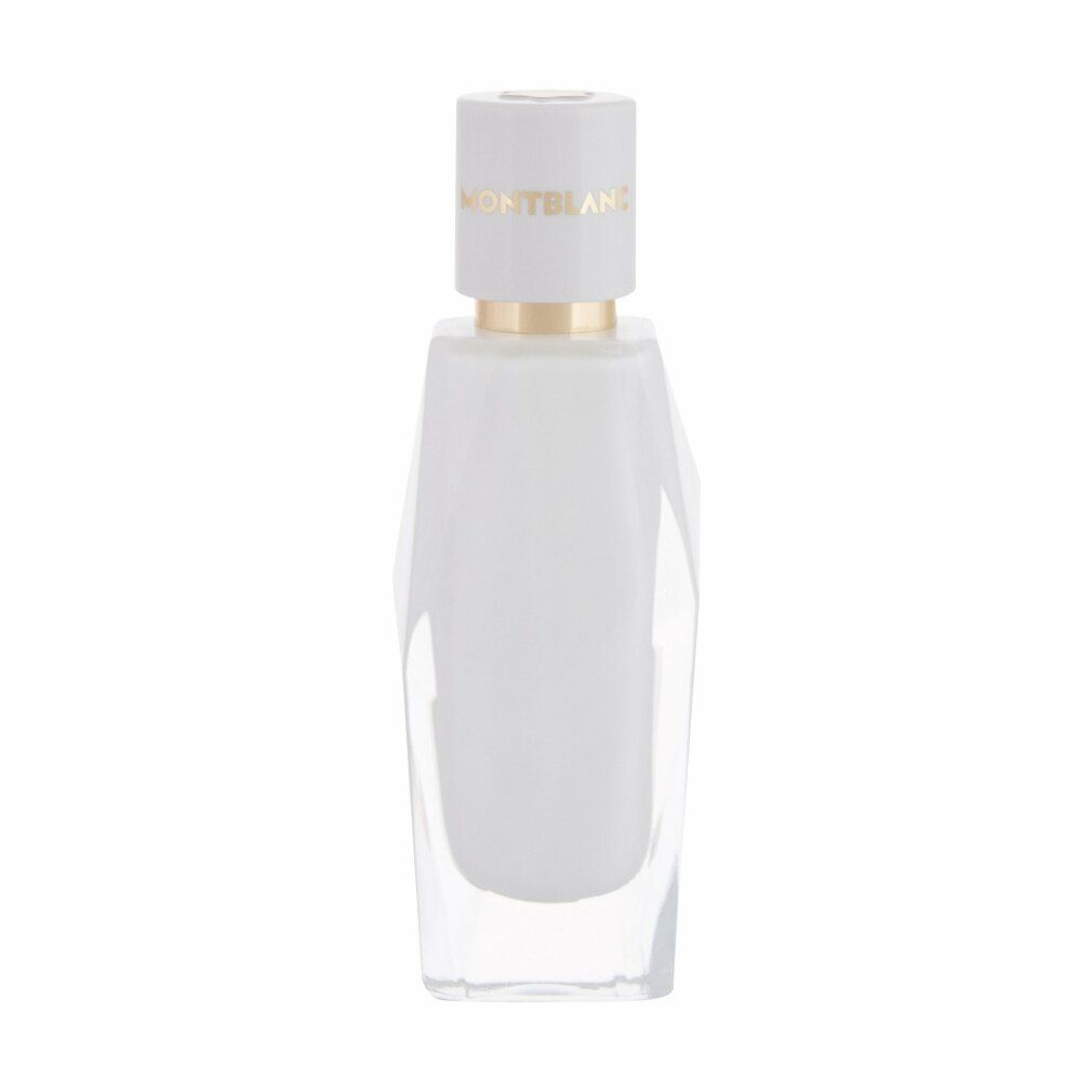 Weiße Parfümflasche mit weißem Verschluss und goldfarbenem Ring. Auf dem Verschluss steht "MONTBLANC". Klare, facettierte Basis.