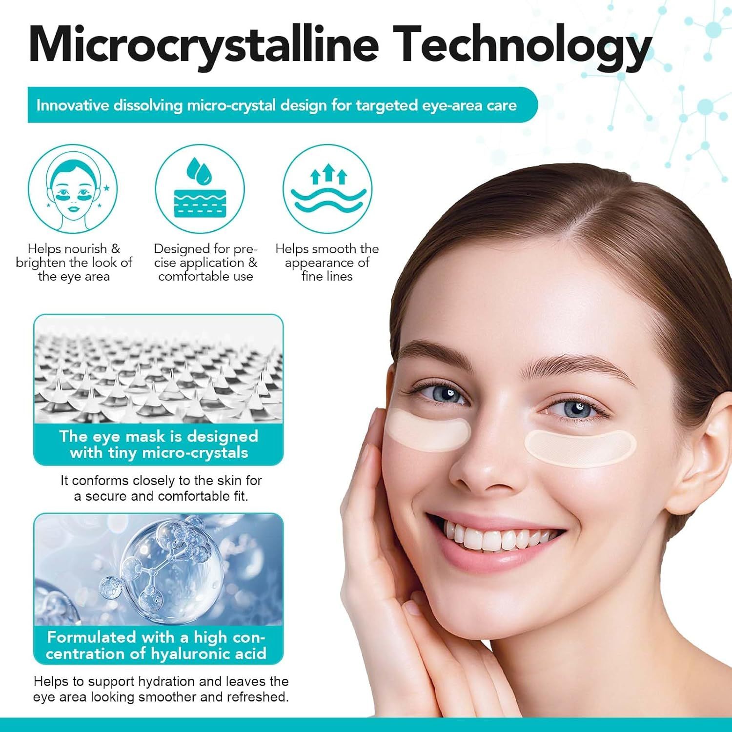 Frau mit Augenpads. Mikrokristalline Technologie. Diagramme zeigen Anwendung und Ergebnisse. Produkt mit Mikro-Kristallen.