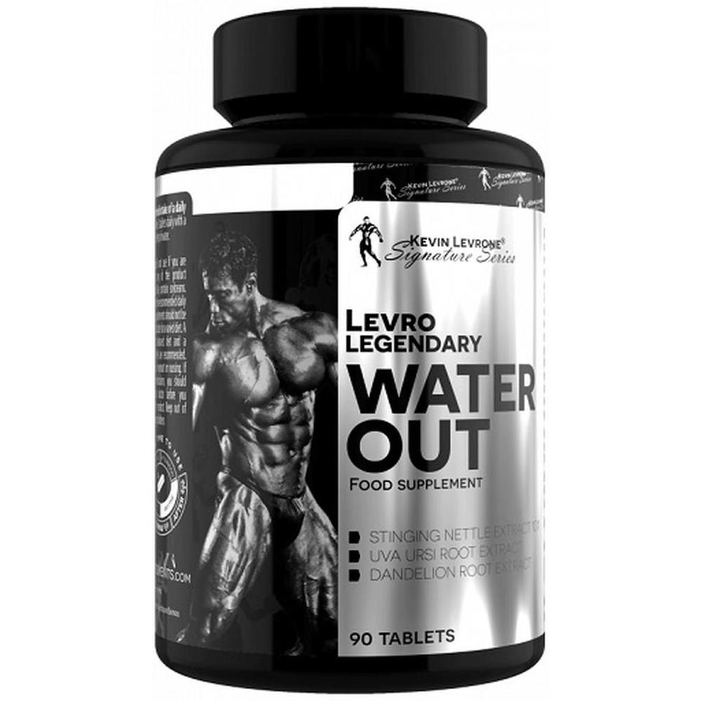 Schwarze Flasche mit weißem Etikett. Aufschrift: Levro Legendary Water Out. Nahrungsergänzungsmittel. 90 Tabletten.