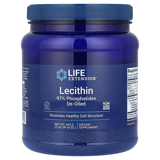 Blaue Dose mit weißem Etikett. Aufschrift: Life Extension, Lecithin. Nährwertangaben. Enthält Sojabohnen. Vegetarisch.