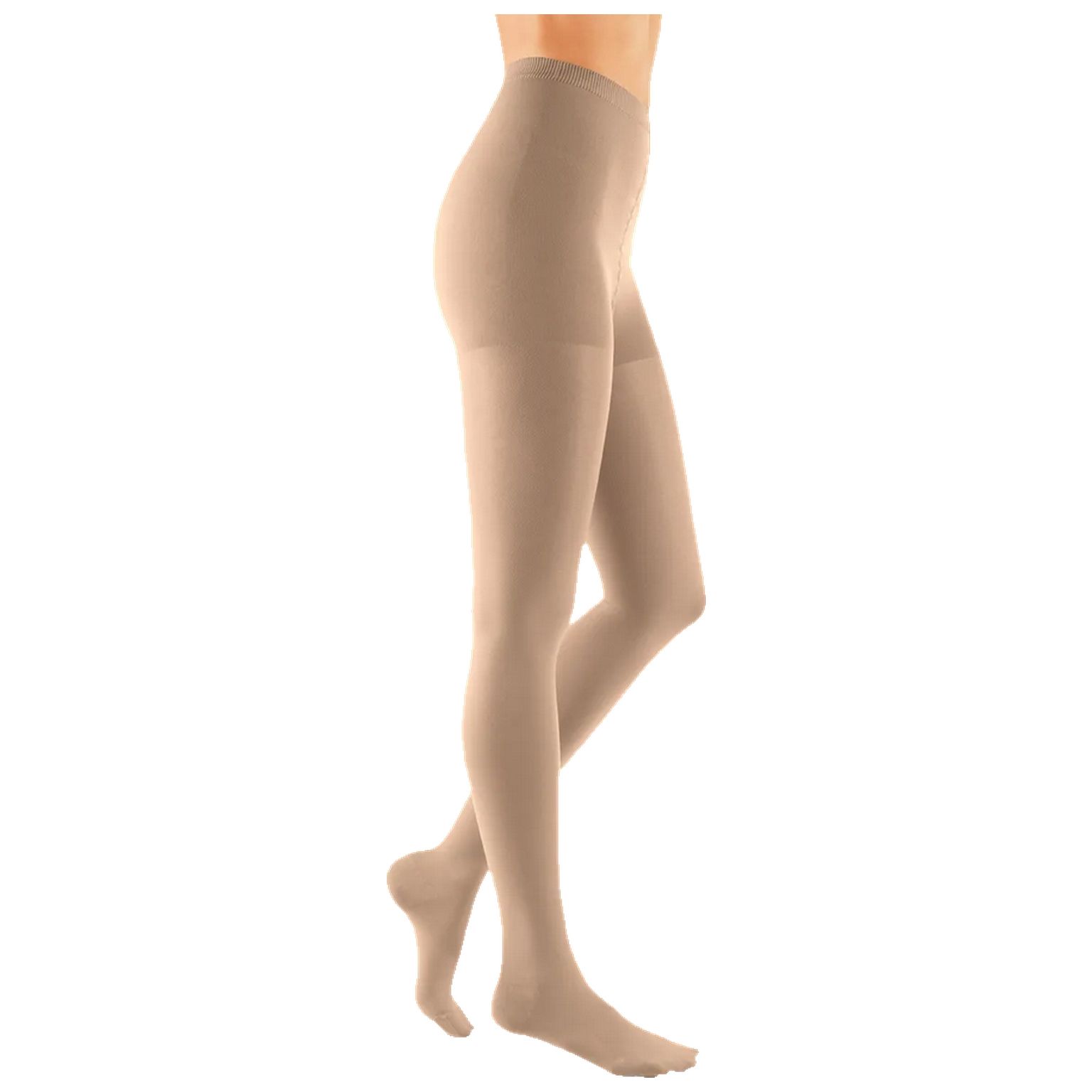 Hautfarbene Kompressionsstrumpfhose, Seitenansicht. Zeigt das Bein einer Person. Strumpfhose bedeckt den Fuß bis zur Taille.