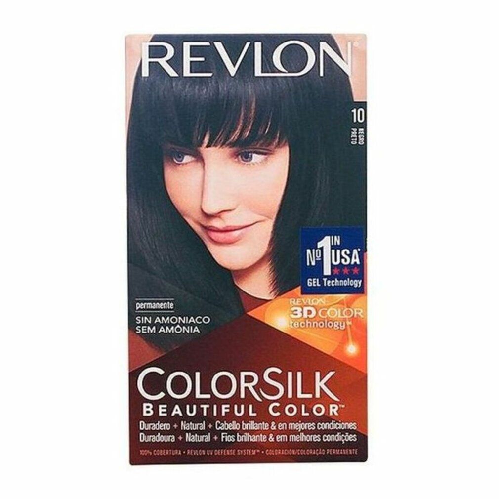 Haarfärbemittel-Verpackung. Enthält das Produkt Colorsilk 10 Black. Abbildung einer Frau mit schwarzem Haar. Text: Ohne Ammoniak.