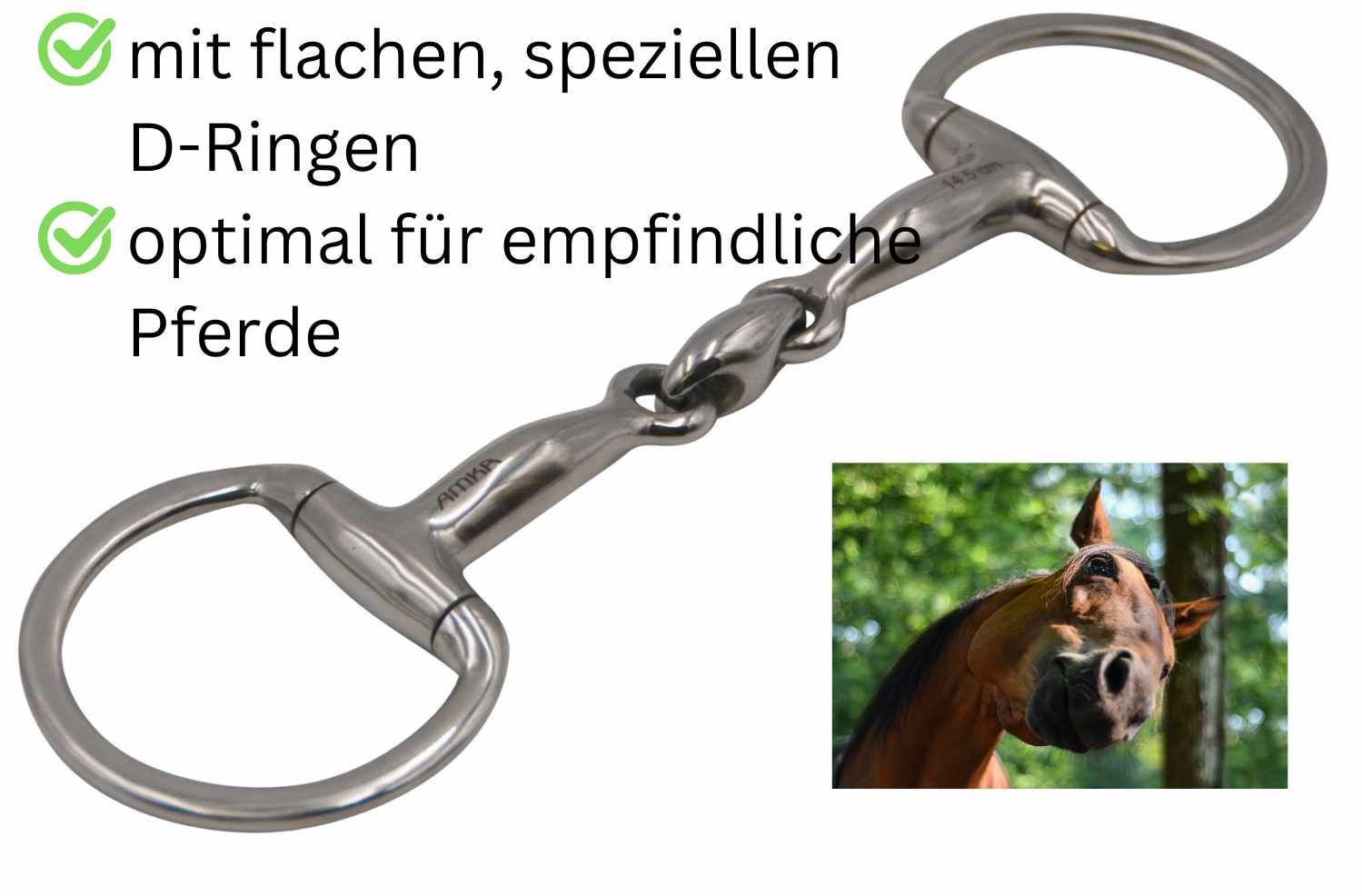 Trense mit flachen D-Ringen und gedrehtem Mittelstück. Text: mit flachen, speziellen D-Ringen, optimal für empfindliche Pferde.